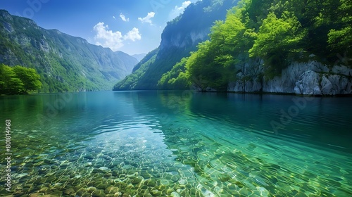A crystal clear lake nestled in the mountains of Europe, surrounded by lush green forests and rocky shores