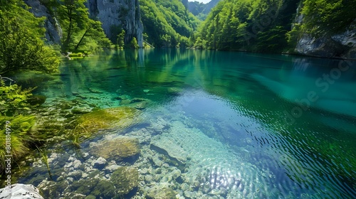 A crystal clear lake nestled in the mountains of Europe  surrounded by lush green forests and rocky shores