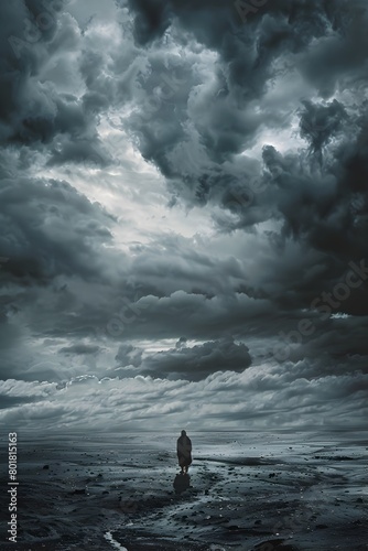Lone figure stands against the backdrop of a dramatic stormy landscape,contemplating the burdens of guilt and adversity © T