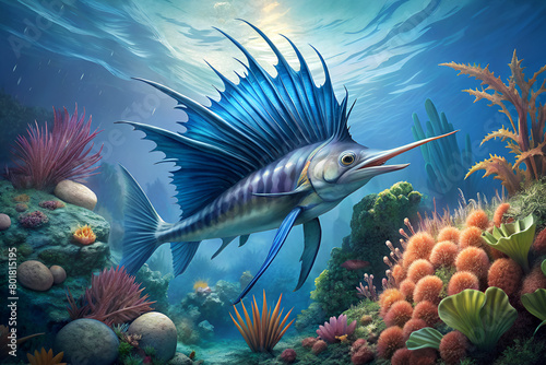indo pacific sailfish surrounded by beautiful coral photo