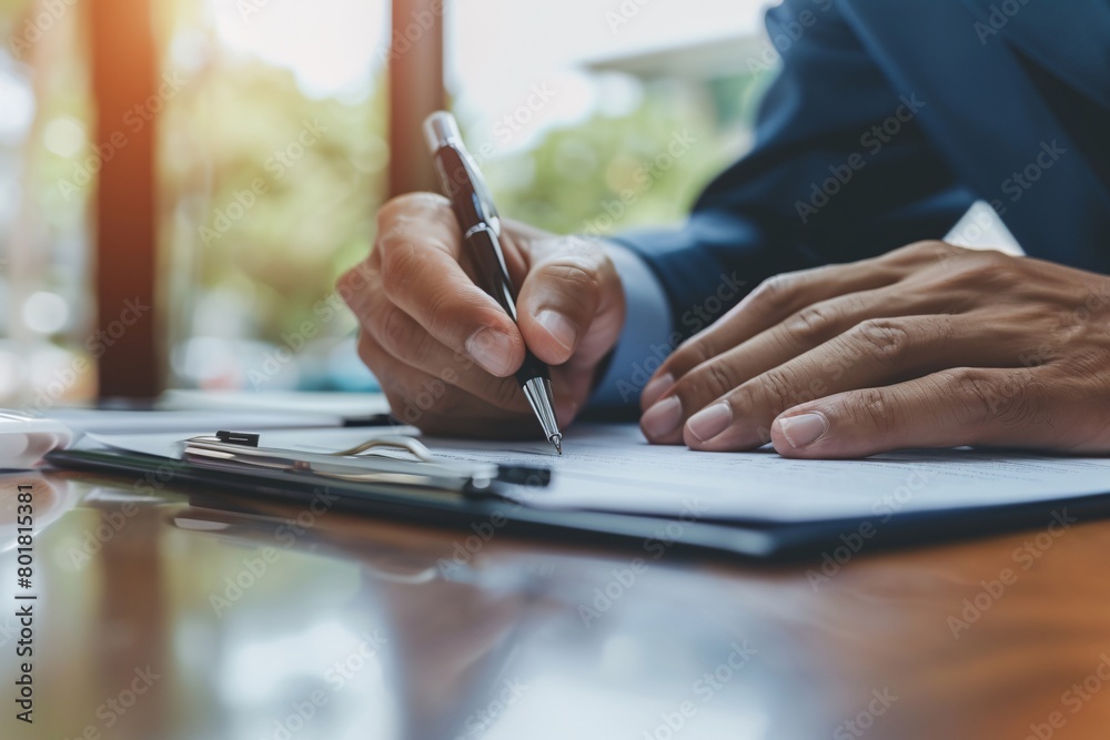 Close-up of a hand signing a formal document with a sophisticated fountain pen, depicting business agreements. Close-up of a hand signing a formal document with a sophisticated fountain pen, depicting business agreements.