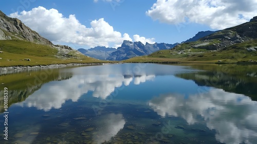 a lake in the middle of an alpine valley, the sky is reflected on the water © Haseena