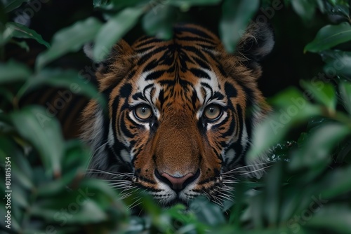 A close shot of an intense tiger gaze through bush of palm leaves and big space for text or product advertisement  Generative AI.