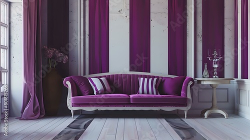 A living room wall with purple and white stripes  featuring a couch in front of it. The background includes decorative elements such as vases  coffee tables  windows