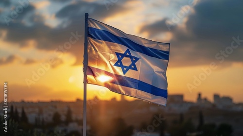 Solemn Israel flag fluttering at dusk with soft focus background. Yom HaZikaron, Israel Independence Day, Memorial Day for Fallen Soldiers and Victims of Terrorism photo