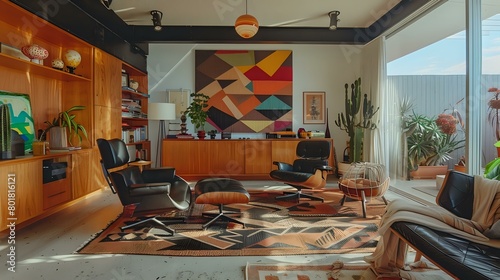 A midcentury modern interior with Eames lounge chairs  colorful artwork on the wall and wooden cabinets. The room has geometric patterns in black 