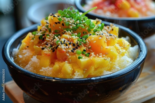 Canary Mango Bingsu is a popular Korean shaved ice dessert same as Kakigori, served in pot with corn flakes cereal, red bean and sweetened condensed milk on the table photo