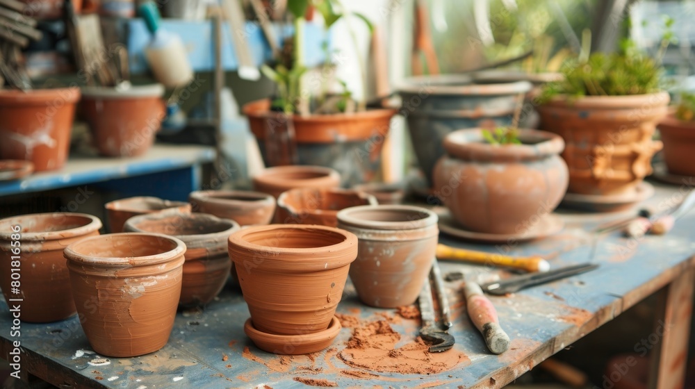 A DIY workshop full of tools and materials with a table covered in clay pots at different stages of completion..