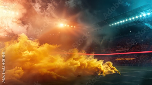 fan enthusiasm in yellow red torch smoke in football stadium