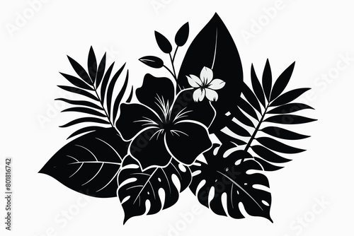 Sketch tropical flowers and leaves. Vector illustration design