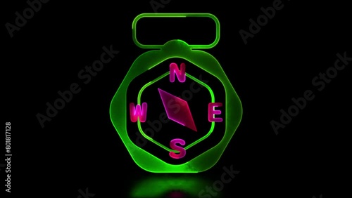 Neon frame effect, compass shape, glow, black background.