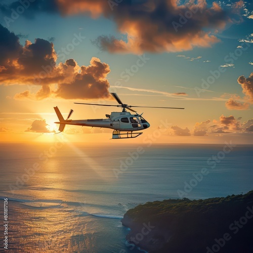 luxury helicopter flying at sunset