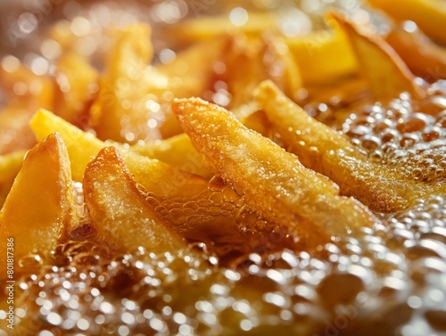 Golden french fries cooking in hot oil with bubbles, showcasing the concept of fast food preparation.