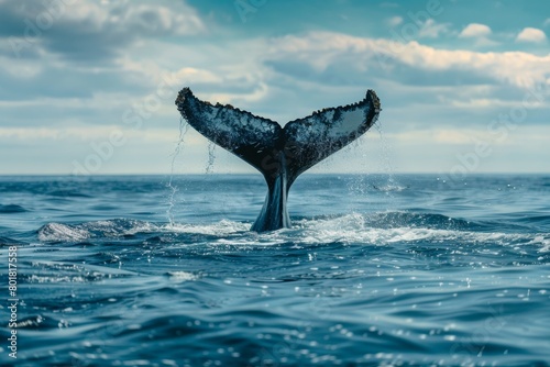 Tail of a humpback whale on the sea surface.  © NURULAINAA