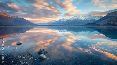 A stunning mountain range at sunset, reflecting in the calm waters of Milk Lake New Zealand with rocks and pebbles visible on its shore's edge