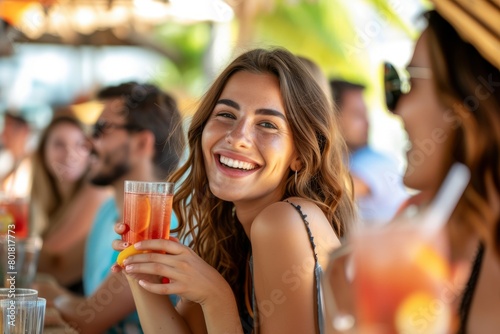 Young woman drinking cocktail in a bar on a tropical island. Summer lifestyle.