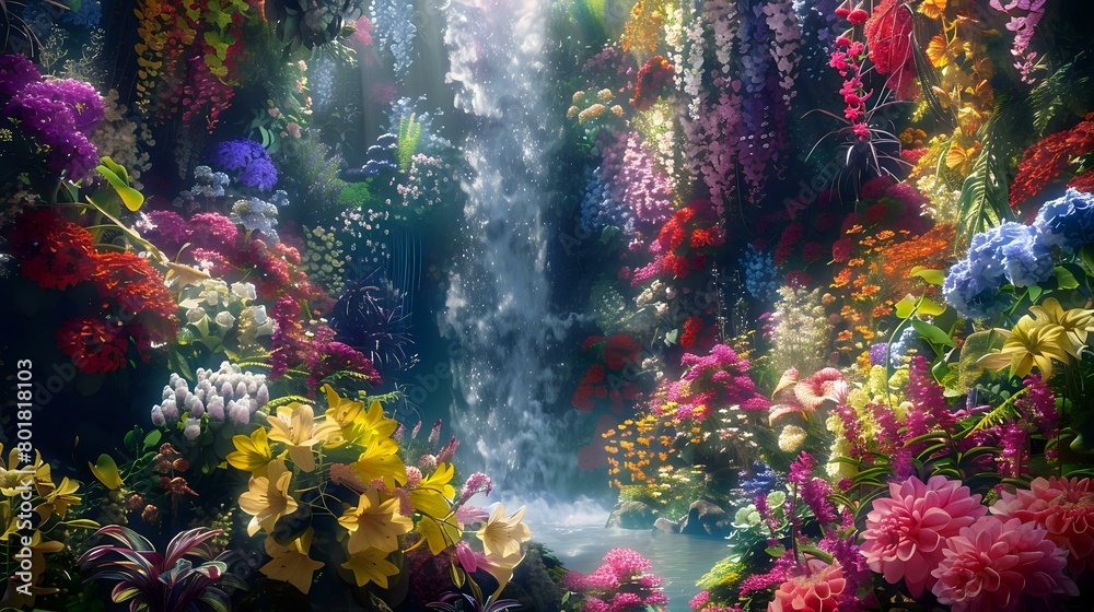 A vibrant garden with colorful flowers and lush greenery, featuring an elaborate waterfall cascading down the center of the scene.