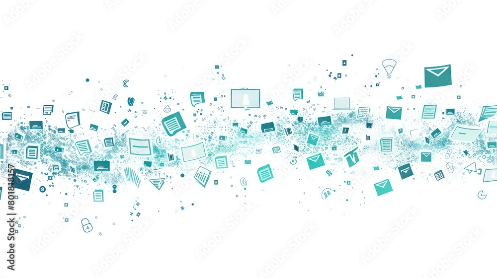stream of digital data and document formats, hints of teal, white background stream of digital data and document formats, hints of teal, white background