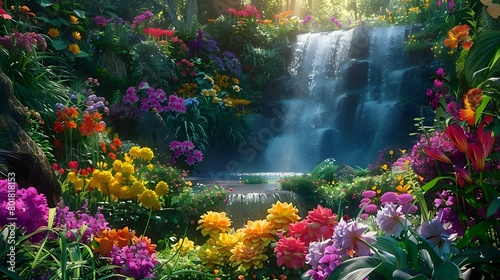 A vibrant garden with colorful flowers and lush greenery, featuring an elaborate waterfall cascading down the center of the scene.