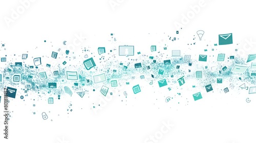 stream of digital data and document formats, hints of teal, white background photo