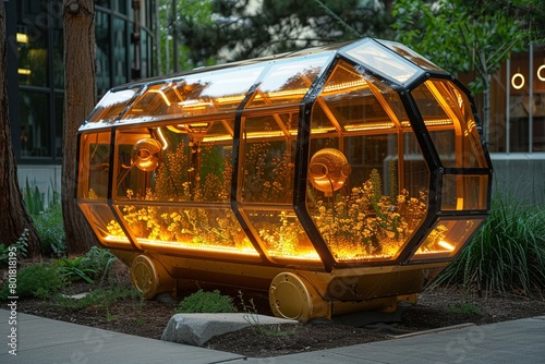Cybernetic beekeeping, robotic bees pollinating urban gardens, biodiversity support photo
