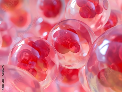 Close-up of multiple translucent spheres with red nuances, resembling cellular or molecular structures.