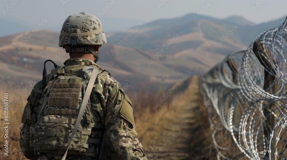 A soldier with a backpack guarding the barbed wire border fence, a beautiful mountain range background. A soldier with a backpack guarding the barbed wire border fence, a beautiful mountain range background.