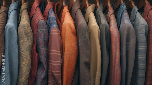 Neat row of men’s jackets, hanging closely on a rack, showcasing various patterns and textures.