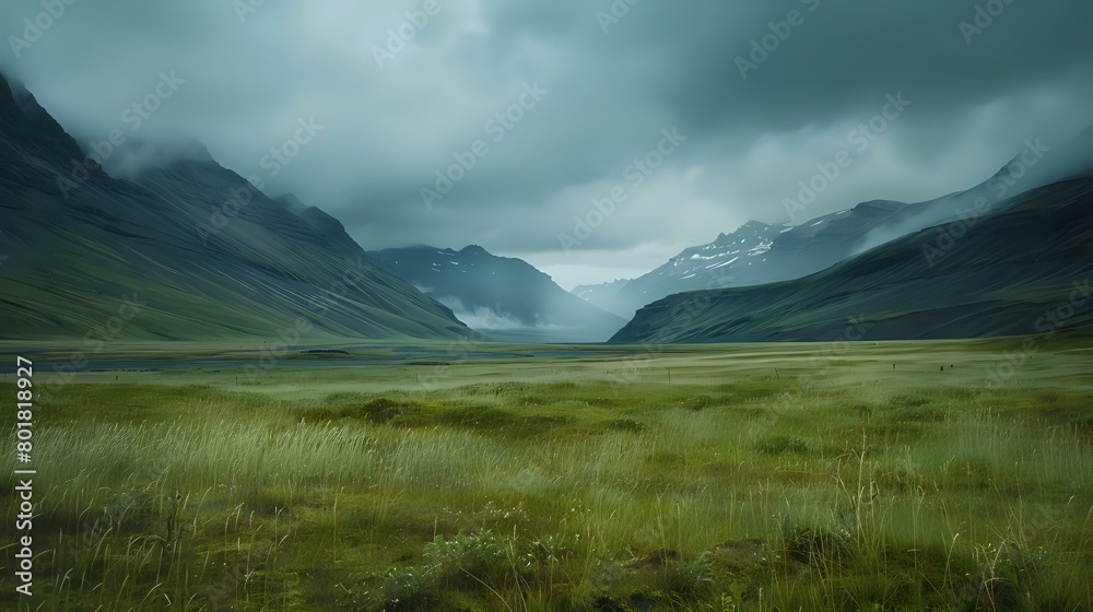 an icelandic valley with mountains in the background, cloudy sky, grassy field