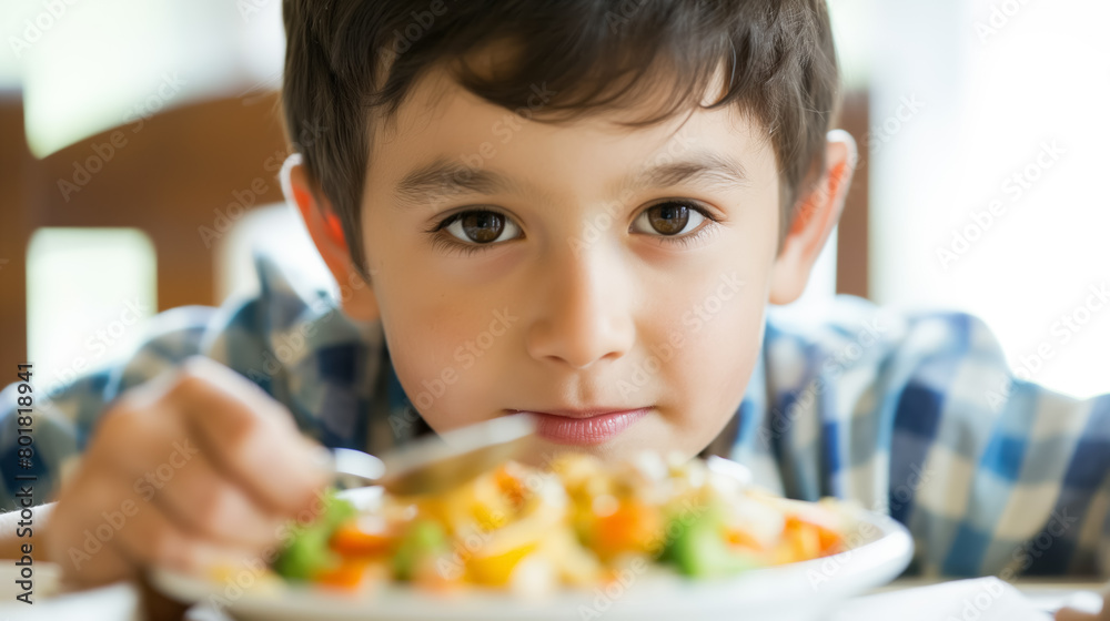Young boy with dark hair looks directly at the camera while enjoying a colorful salad, showing a moment of healthy eating.