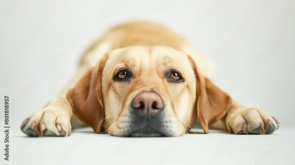 Labrador dog with a melancholic expression lying down on a plain background, gazing directly at the camera, evoking a sense of empathy and calm. Labrador dog with a melancholic expression lying down on a plain background, gazing directly at the camera, evoking a sense of empathy and calm.