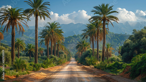 Dirt road with the palm trees on both sides
