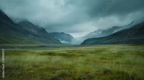 an icelandic valley with mountains in the background  cloudy sky  grassy field