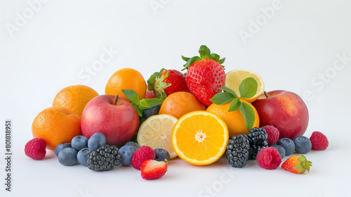 Assorted fresh fruits including oranges  apples  berries  and lemons  arranged neatly to showcase their natural colors and textures.