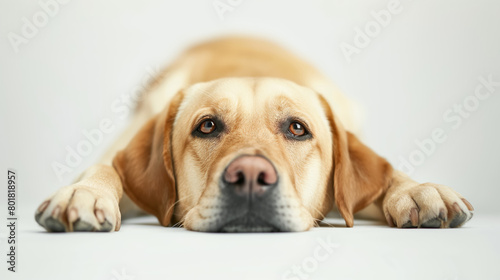 Labrador dog with a melancholic expression lying down on a plain background, gazing directly at the camera, evoking a sense of empathy and calm.