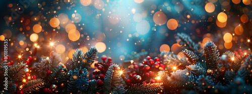 Abstract christmas garland bokeh lights over dark blue background photo