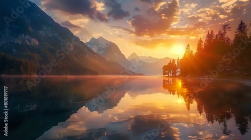 Beautiful sunset over the Hintersee lake in Austria, with mountains and trees reflecting on the water. photo