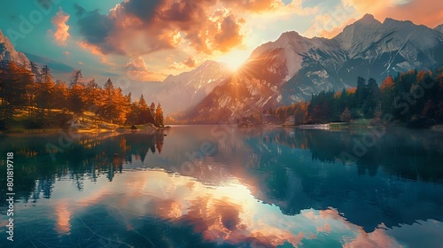 Beautiful sunset over the Hintersee lake in Austria, with mountains and trees reflecting on the water. photo