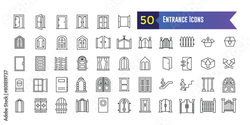 Entrance icons set. Outline set of entrance vector icons for ui design. Outline icon collection. Editable stroke.