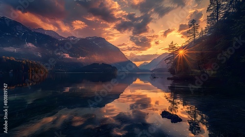 Beautiful sunset over the Hintersee lake in Austria, with mountains and trees reflecting on the water.