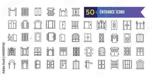 Entrance icons set. Outline set of entrance vector icons for ui design. Outline icon collection. Editable stroke.