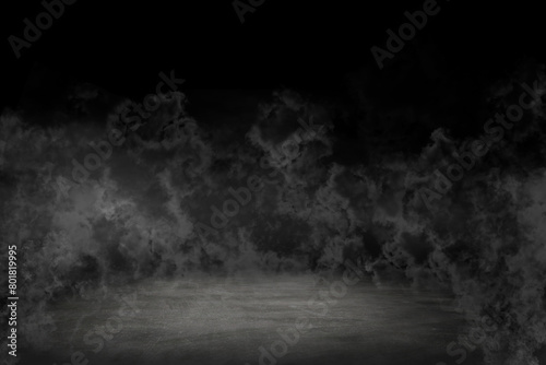 Grunge concrete floor with smoke or fog in dark room with spotlight. Asphalt night street, black background, black and white © merrymuuu