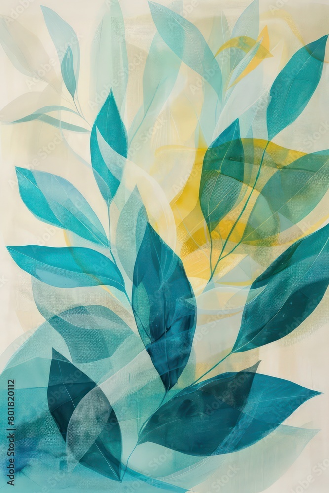 blue yellow leaves are painted on a white canvas blue yellow leaves are painted on a white canvas