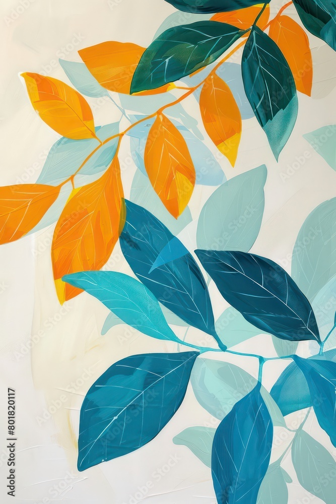 blue yellow leaves are painted on a white canvas blue yellow leaves are painted on a white canvas