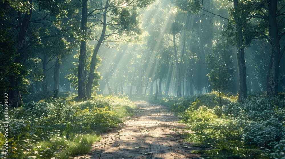 Obraz premium A 3D generated quiet forest path, sunlight filtering through trees, serene