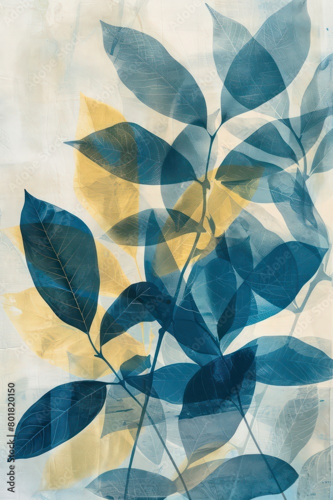 blue yellow leaves are painted on a white canvas blue yellow leaves are painted on a white canvas