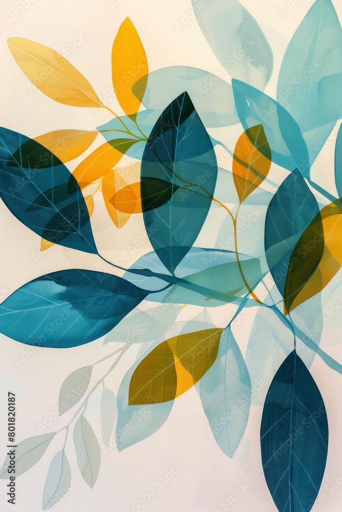 blue yellow leaves are painted on a white canvas blue yellow leaves are painted on a white canvas