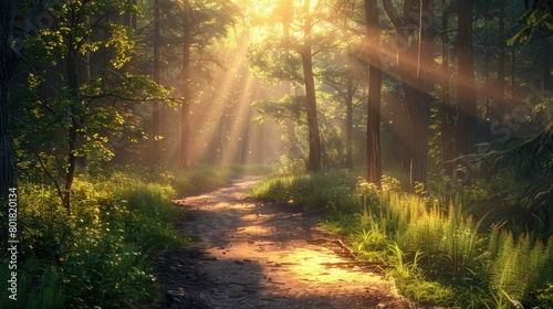 A 3D generated quiet forest path, sunlight filtering through trees, serene photo