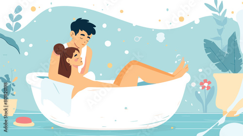 Young woman receiving massage from her husband while bathing