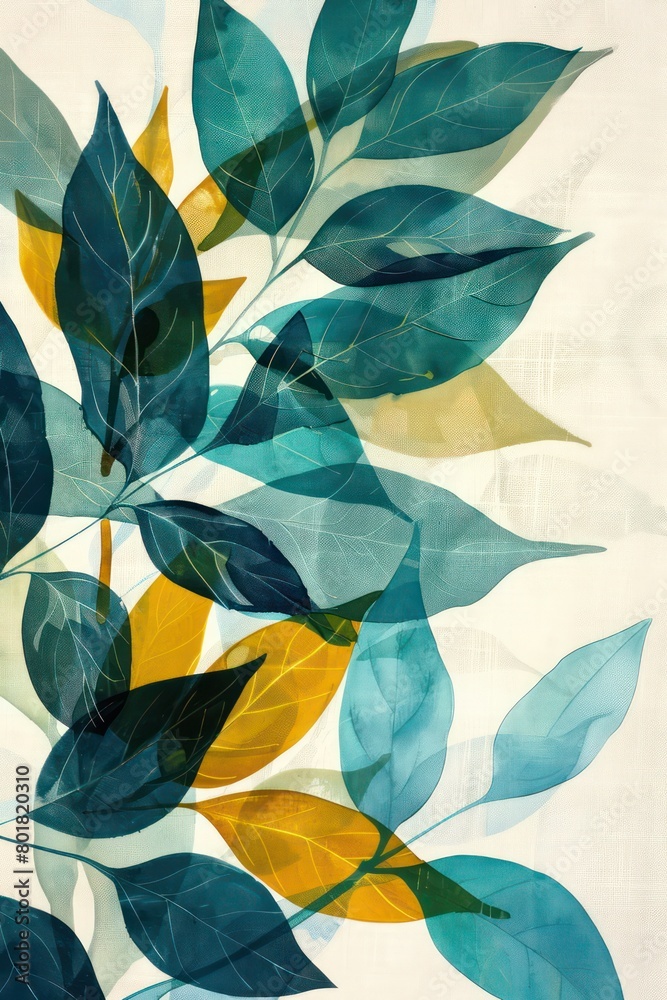blue yellow leaves are painted on a white canvas blue yellow leaves are painted on a white canvas